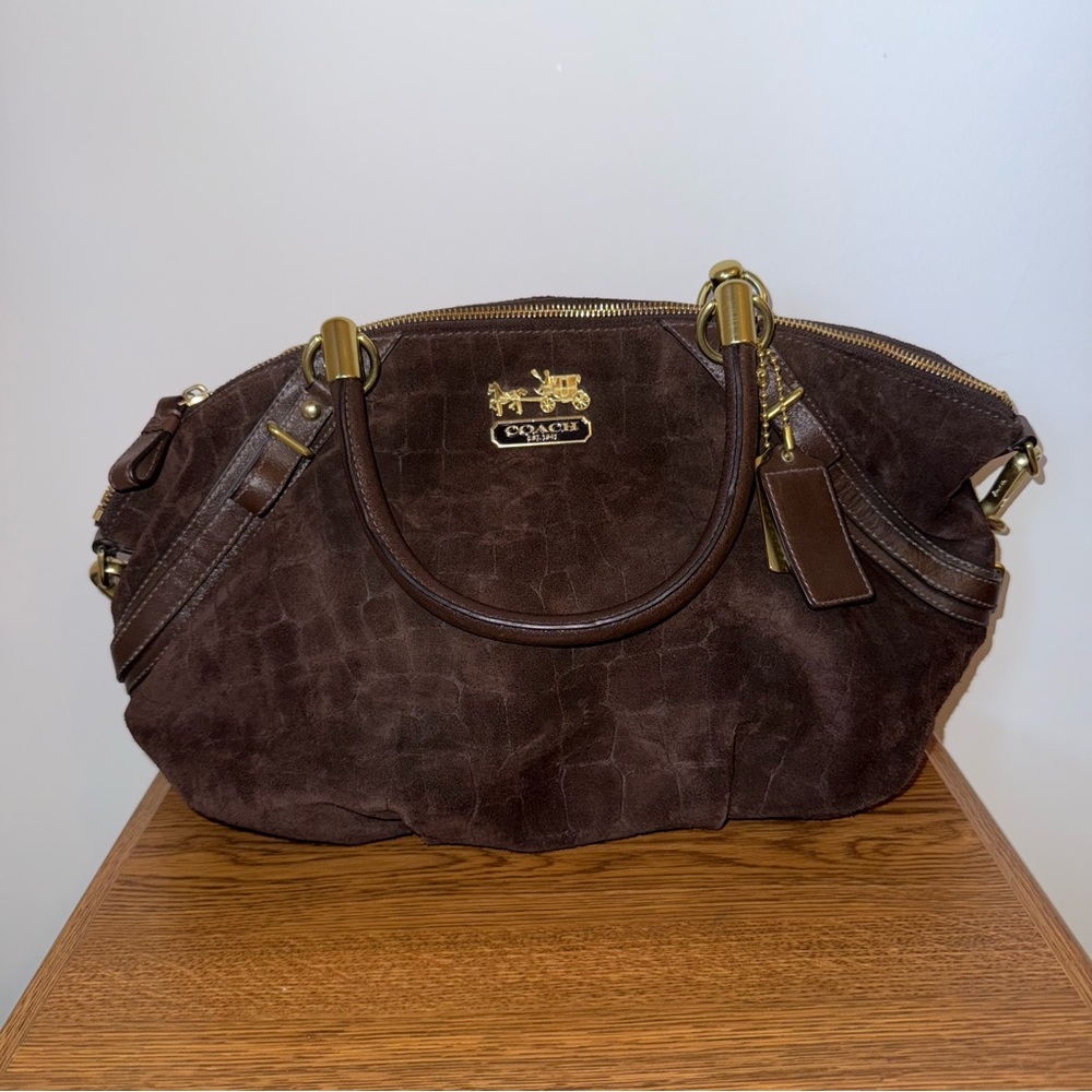 Coach Madison Croc Embossed  Dark Brown Leather Suede Sophia Tote Satchel